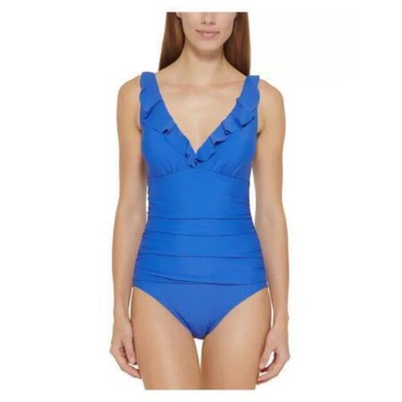 DKNY Ruffle Plunge One-Piece Swimsuit Vibrant Blue  18 - Picture 2 of 2
